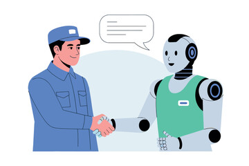 Friendly interaction between a human worker and a modern robot discussing future technology and collaboration