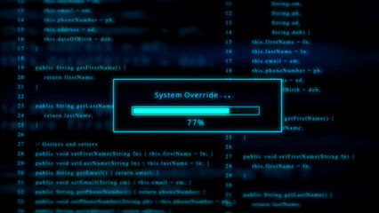 Cyan neon glowing progress bar showing 77 percent system override on a dark background with code loading