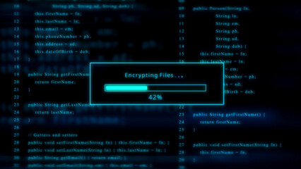 Cyan neon glowing progress bar showing 42 percent encrypting files on a dark background with code encryption