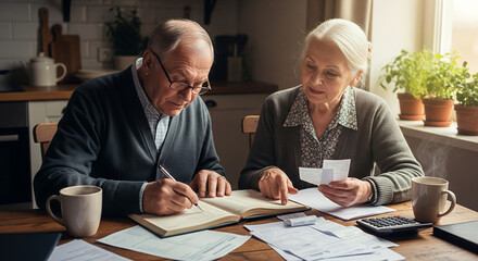 An elderly couple meticulously reviewing financial documents at home, focusing on budgeting and planning their retirement