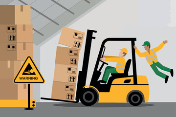 Forklift safety accident warning sign with worker falling from load warehouse workplace hazard awareness