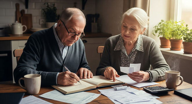 An elderly couple meticulously reviewing financial documents at home, focusing on budgeting and planning their retirement - Powered by Adobe