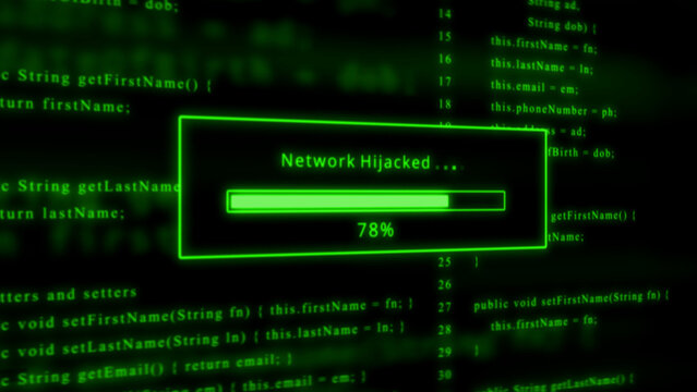 Green Glowing Network Hijacked Progress Bar Over Abstract Code Background loading downloading