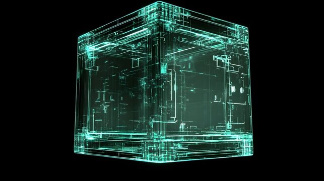 3D render of a translucent, glowing cube with intricate circuitry patterns against a dark background.