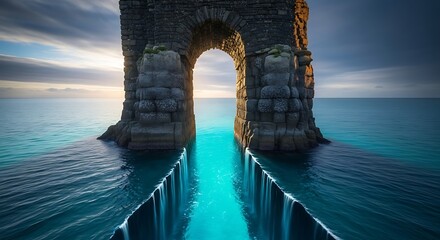 Majestic Rock Archway in Turquoise Sea, Dramatic Sky, Serene Coastal Landscape.