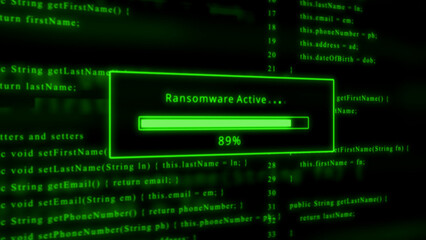 Obraz premium Green Glowing Ransomware Active Progress Bar Over Abstract Code Background loading downloading