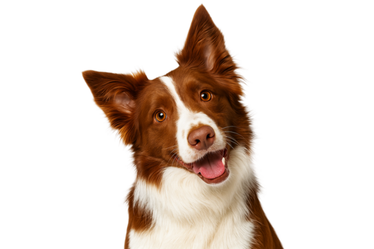 Brown and white Border Collie with tilted head and curious look