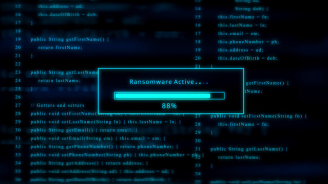 Blue Glowing Ransomware Active Progress Bar Over Abstract Code Background loading downloading