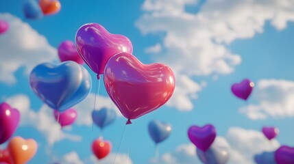 3D render of numerous heart-shaped balloons floating against a blue sky filled with white clouds.