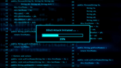 Cyber attack D Do S initiated progress bar loading on digital code background ddos