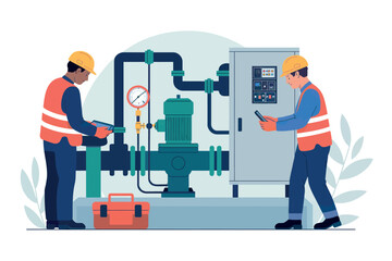 Industrial expertise two technicians inspecting complex machinery and control panel for maintenance and operations