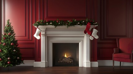Digital render depicts a cozy, red-walled room with a fireplace, Christmas tree, and stockings.