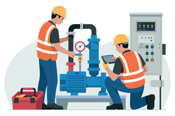 Two technicians in hard hats and safety vests performing industrial equipment maintenance and repair service