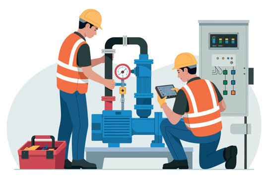 Two technicians in hard hats and safety vests performing industrial equipment maintenance and repair service