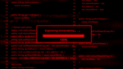 Red glowing progress bar showing 100% complete with text " Exploiting Vulnerability" against a backdrop of red code