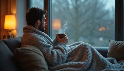 Man wrapped in cozy grey blanket sits on couch near window, holding steaming coffee cup. Outside, rainy cloudy day creates tranquil, peaceful atmosphere inside warm, serene home interior.