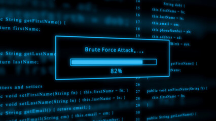 Blue computer code with brute force attack progress bar at 82 percent programming hacking