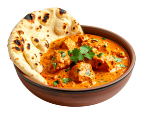 Indian butter chicken curry with naan bread for Diwali Eid and festive celebrations isolated on transparent background