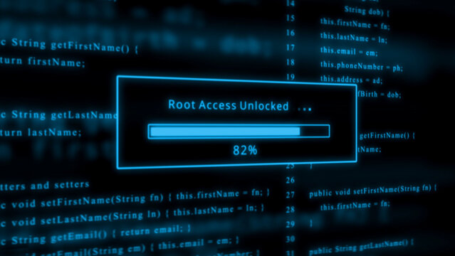 Blue computer code with root access unlocked progress bar at 82 percent programming hacking