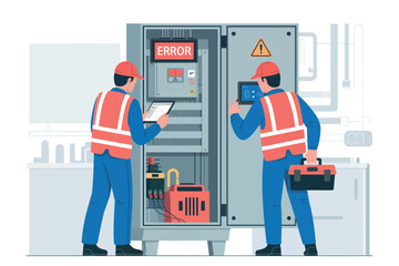 Electricians inspecting and maintaining an electrical control panel cabinet for industrial power systems