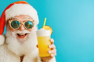 Festive santa enjoying tropical drink in summer-themed holiday fun