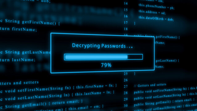 Blue glowing progress bar shows 79% decrypting passwords over scrolling code programming hacking