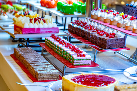Karisik Turk tatlilari. New dessert varieties at the luxury hotel open buffet. Milk-based desserts, Turkish Dessert Sobiyet, havuc dilimi, midye baklava, mussels baklava and classic baklava.