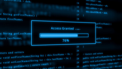 Blue glowing progress bar shows 76% access granted over scrolling code programming hacking