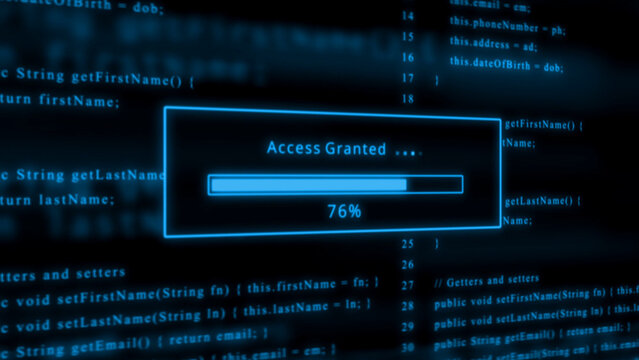 Blue glowing progress bar shows 76% access granted over scrolling code programming hacking
