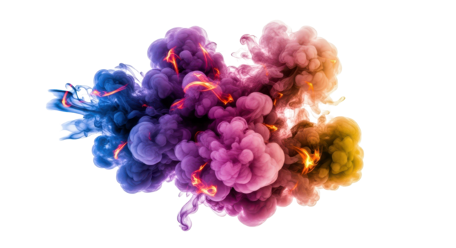 Abstract colorful smoke cloud with sparks explosion isolated on white background