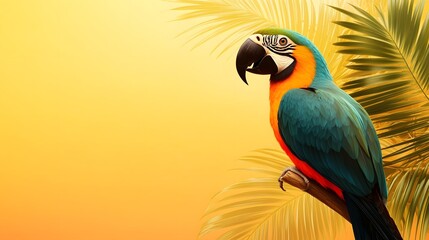 Fototapeta premium Photograph of a blue and gold macaw perched on a branch against a yellow background with a palm leaf.