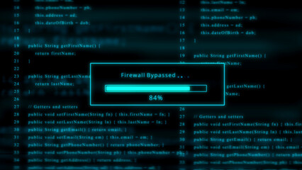 Cyan computer code with firewall bypassed loading bar and 84 percent progress Keywords: code, programming, computer, technology, data, digital, screen, software, development, programming language