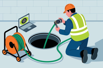 Professional plumber using drain camera inspection equipment to diagnose sewer line issues in a manhole for effective pipe repair and maintenance services