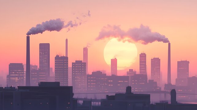 Digital illustration of a cityscape silhouetted against a vibrant sunset with prominent smokestacks.