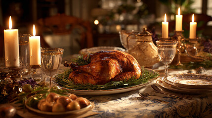 Fototapeta premium The image depicts a warm and inviting dining scene, likely for a festive occasion