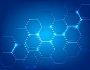 Abstract hexagonal pattern on a dark blue background. Glowing blue lines connect the hexagons