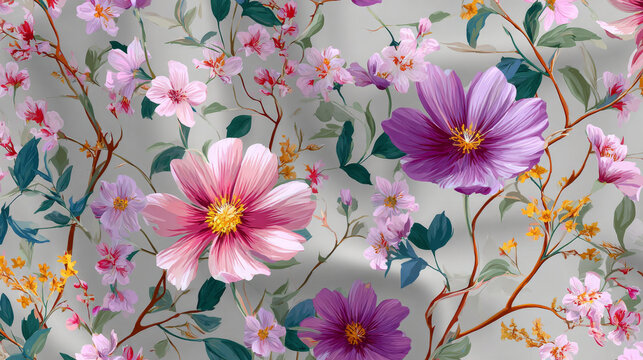 Seamless floral pattern with colorful wildflowers and graceful organic branches