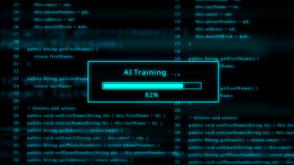 Cyan computer code with AI training progress bar at 82 percent Keywords: computer code, programming, coding, software, artificial intelligence, AI, training, progress, loading, bar, screen