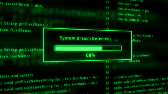Green computer code with system breach detected progress bar at 68 percent Keywords: computer code, programming, coding, software, security, breach, detected, alert, progress, loading, bar, screen