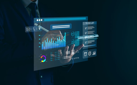 KPI analysis concept, Businessman using KPI dashboard virtual screen analyze data report, business tend, marketing, company finances, investment, Digital technology.