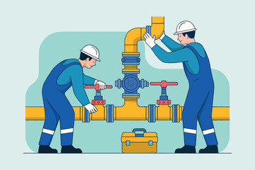 Two mechanics in blue overalls and hard hats working on a colorful industrial pipe system with a toolbox below