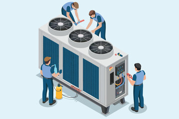 Hvac maintenance crew working on large outdoor cooling unit with fans and panels for industrial air conditioning services
