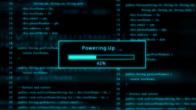 Blue Powering Up Progress Bar at 42% with Code Background loading technology