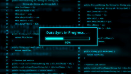 Blue Data Sync Progress Bar at 40% with Code Background loading technology