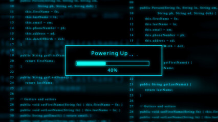 Blue Powering Up Progress Bar at 40% with Code Background loading technology