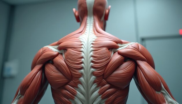 Close-up of adult human musculature, emphasizing spinal cord, shoulder muscles. Anatomical model illustrates physical strain, discomfort, muscle fatigue. Useful for medical education, health
