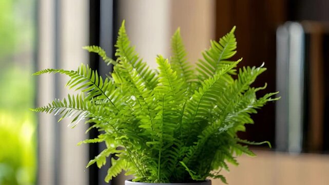 A bright green fern in a gray pot on a table by a window.