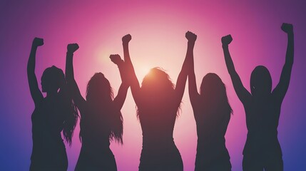 Silhouette photograph of five women raising their arms against a vibrant purple sunset background.