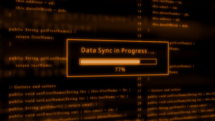 Data Sync in Progress Loading Bar with Orange Code Background programming computer