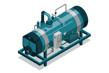 Detailed isometric depiction of a complex industrial pump system showcasing intricate machinery and metallic components in a vibrant blue and green color palette.